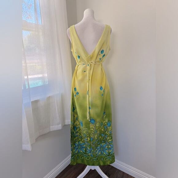 Vintage Y2K California Concepts Yellow Floral Print Sleeveless Belted Maxi Dress - Picture 6 of 8